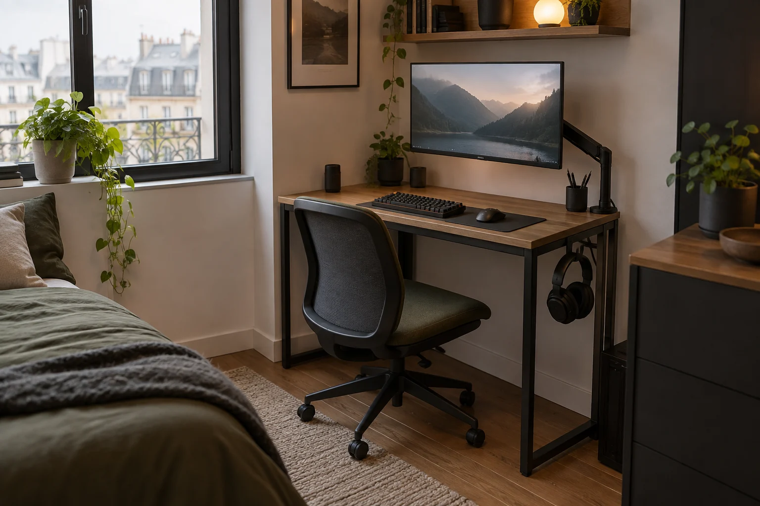 Un bureau gaming compact avec écran sur bras, clavier, souris et casque rangé.