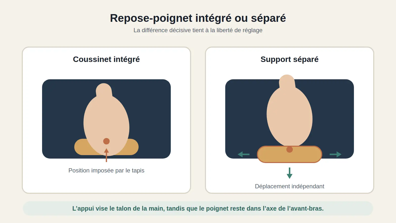 Comparaison entre un coussinet intégré au tapis et un repose-paume séparé réglable