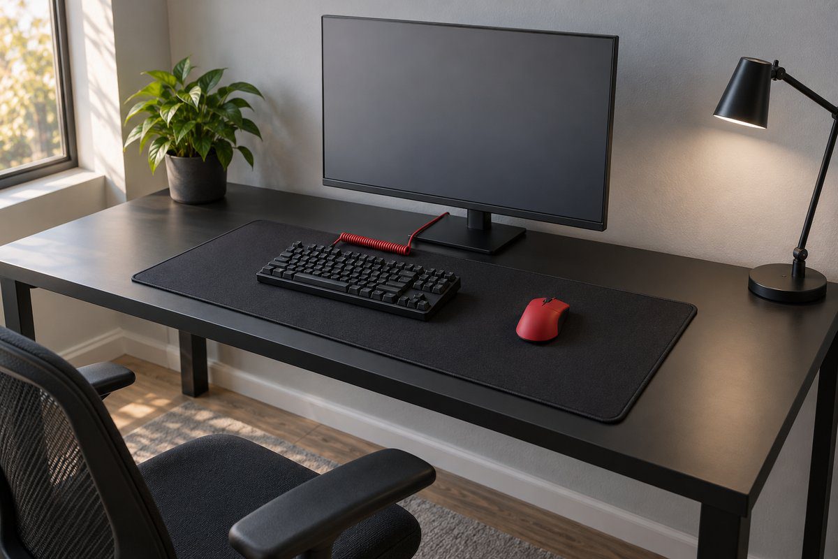 Bureau gaming noir avec tapis XXL noir uni et souris rouge comme seul accent