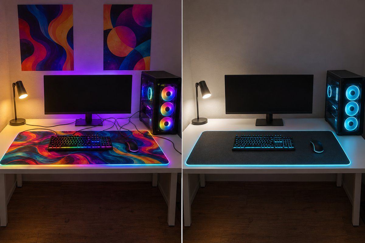 Même bureau gaming en version RGB multicolore surchargée et en version cyan unique