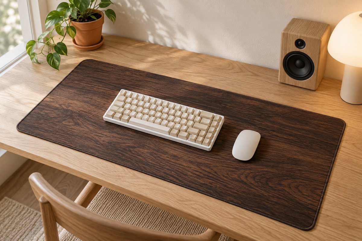Tapis de souris imprimé bois brun sur bureau en chêne clair avec clavier blanc