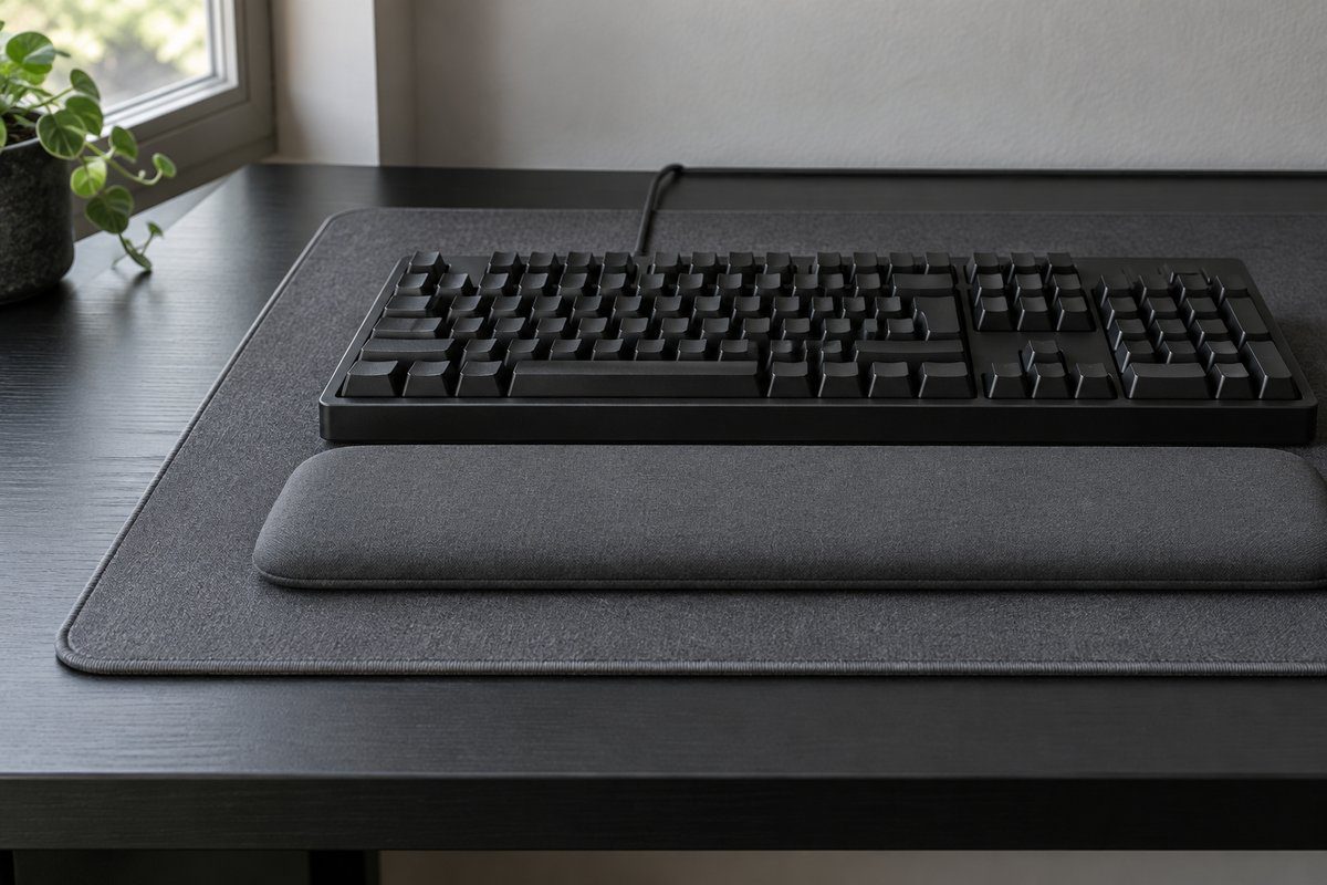 Clavier noir sur tapis gris anthracite avec marge, repose-poignet gris et câble à l'arrière