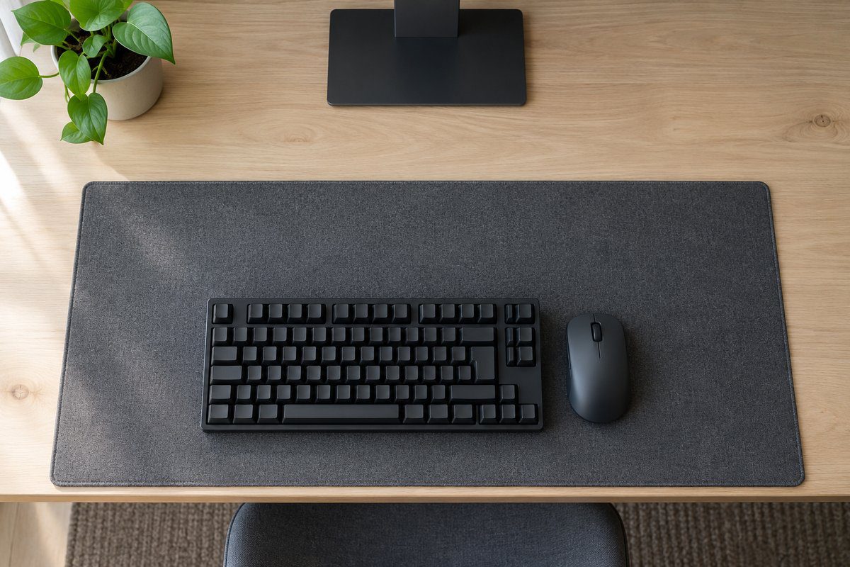 Vue de dessus d'un bureau avec clavier compact centré et souris collée à droite