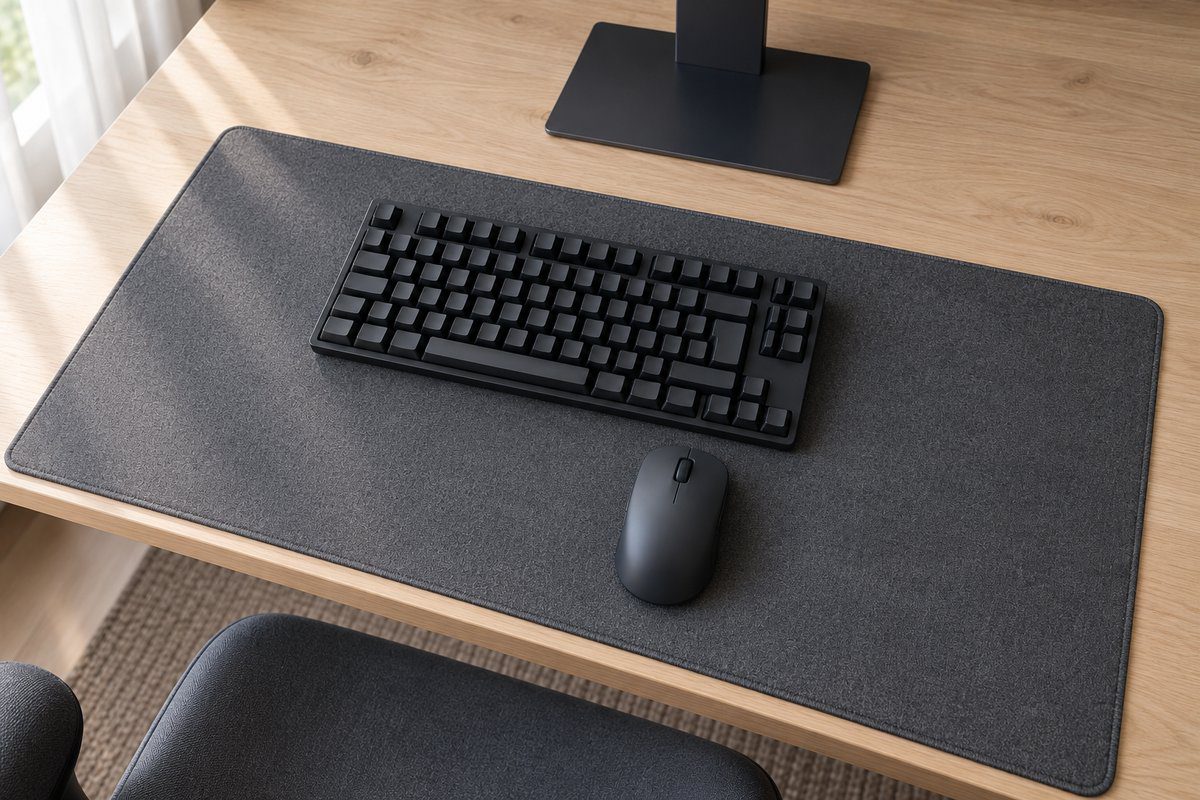 Souris posée devant un clavier reculé sur un bureau en bois clair