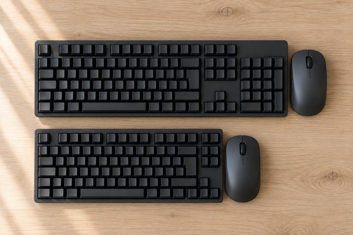 Clavier complet et clavier compact alignés, souris décalée de dix centimètres